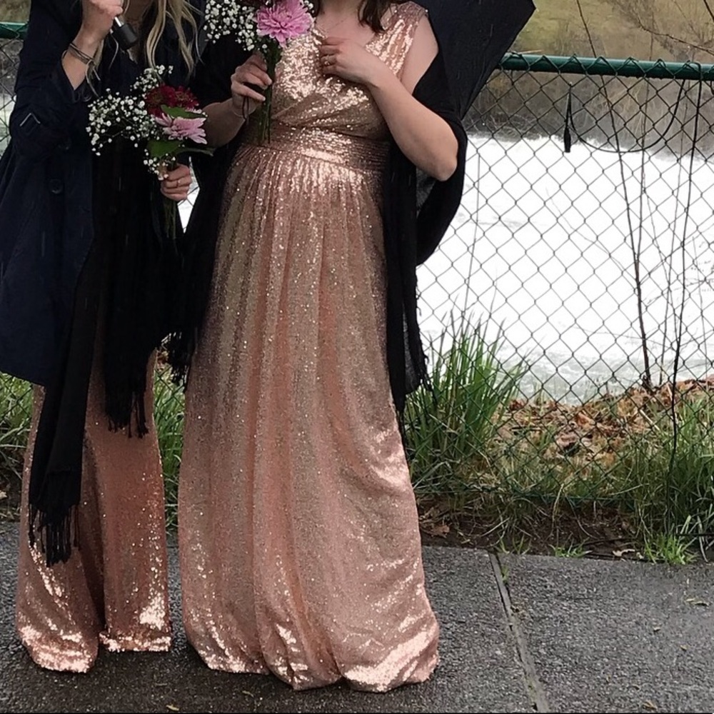 Rose gold full length sequin bridesmaid dress